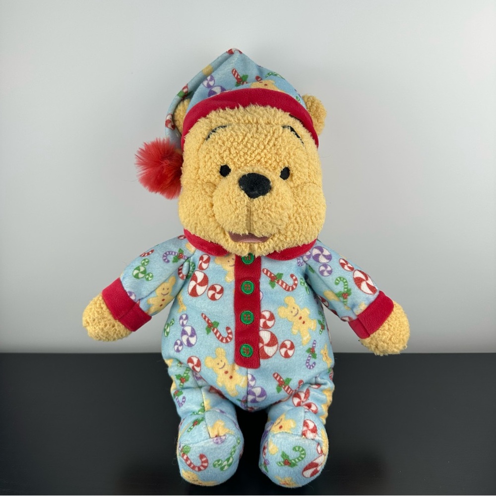 Disney Winnie the Pooh 15” Christmas Plush Stuffed Animal Blue Pyjamas Candy